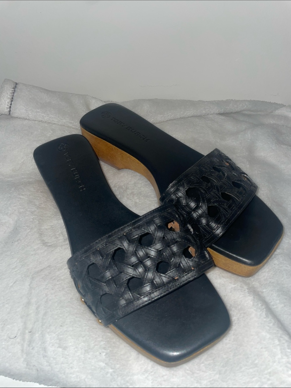 Tory Burch Black Woven Leather Slide Mules